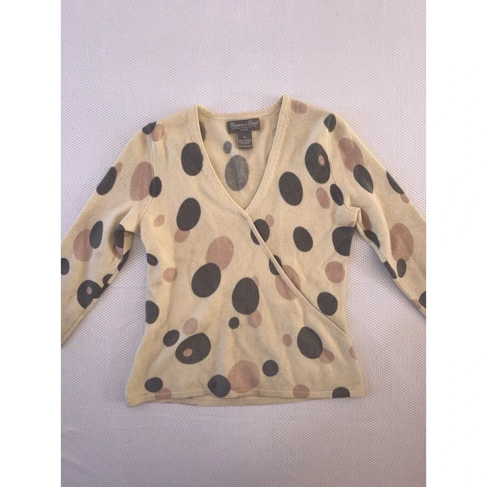 Grayson & Dunn 100% Cashmere Cream‎ Gray Pink Polka Dot Sweater Petite Size PS - Picture 4 of 8